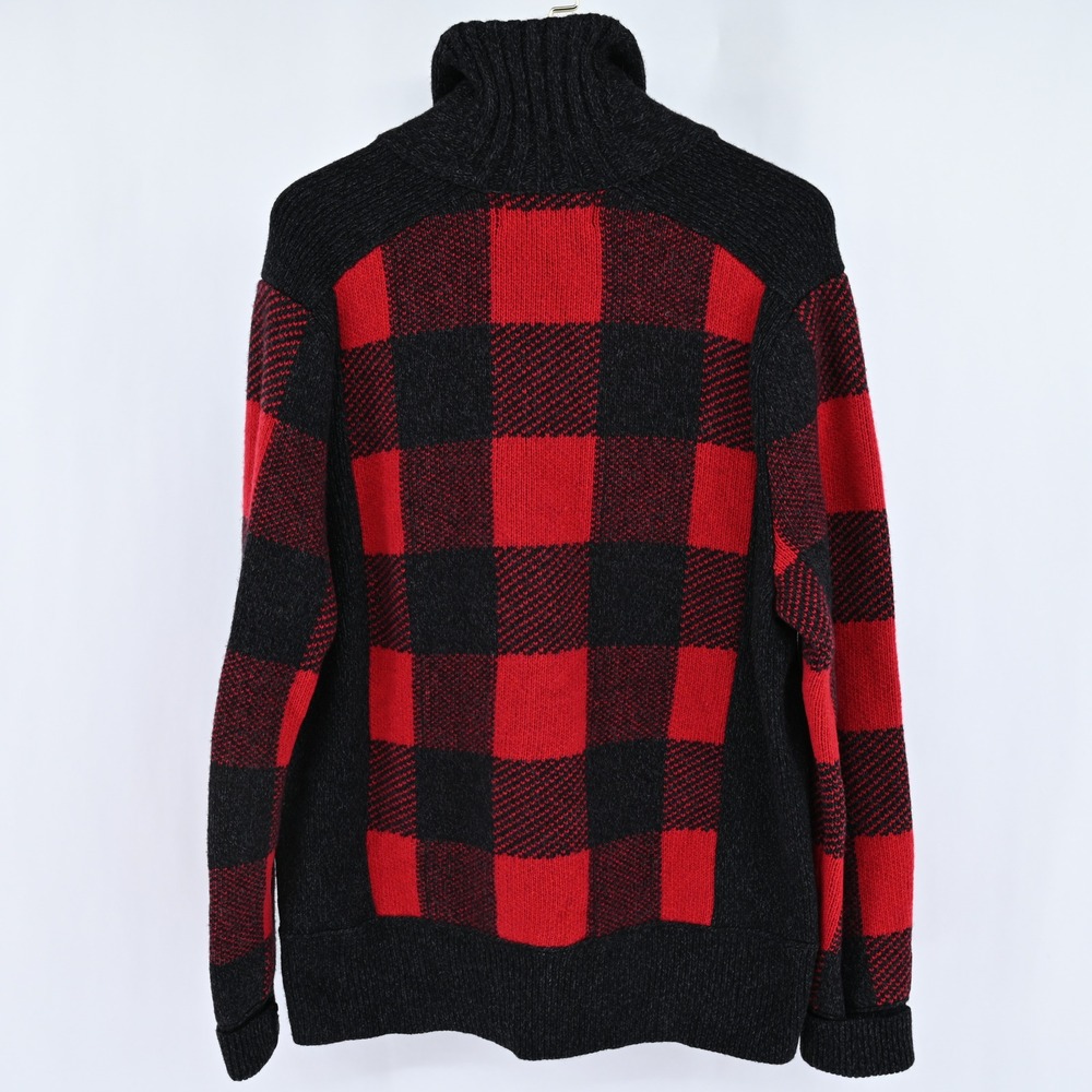 Banana Republic Buffalo Plaid Shawl Collar Cardigan Mens Large Red Black Merino - Picture 7 of 14